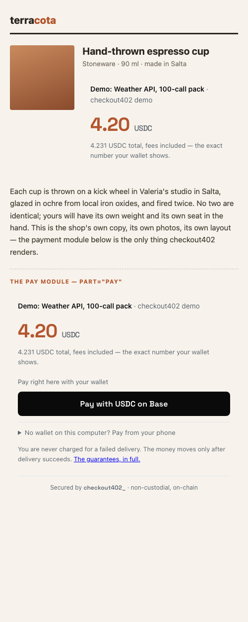 A product page composing the price part into its own header and the pay
module at its buy position