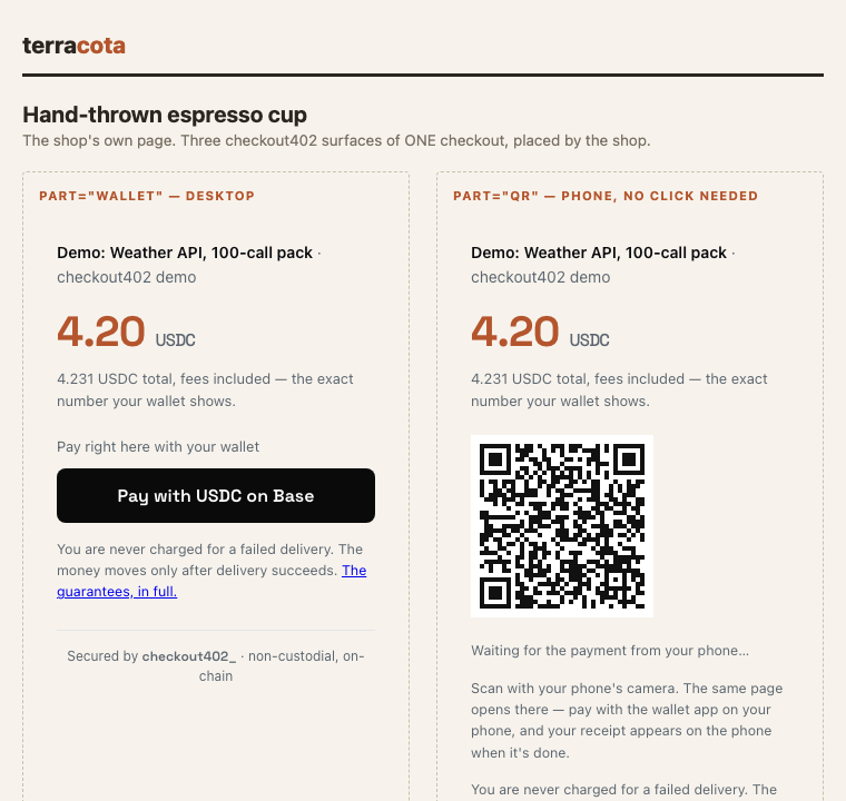Wallet buttons and a live QR of one checkout, side by side on the
shop's page