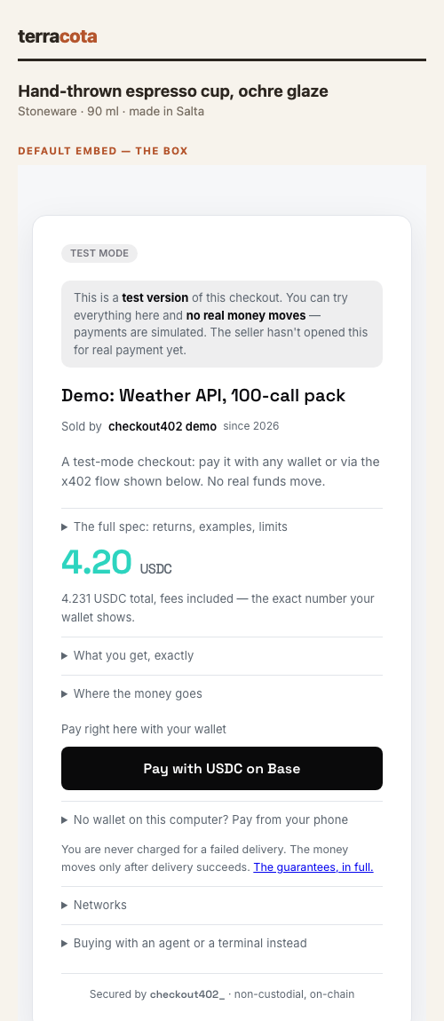The same checkout as a bordered card and as flat, native content on a
light merchant page
