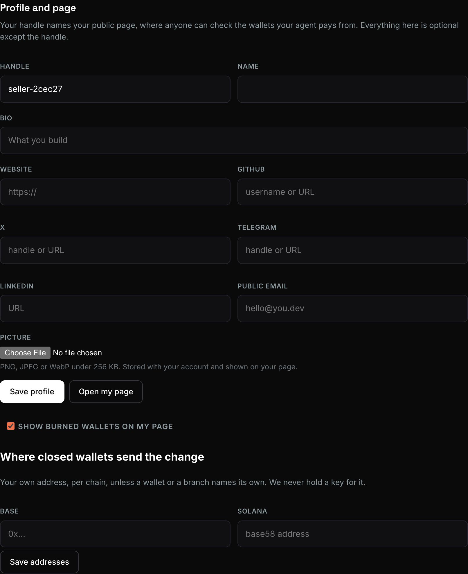 The Account view: handle, name, picture, links, the public page link and
the burn addresses