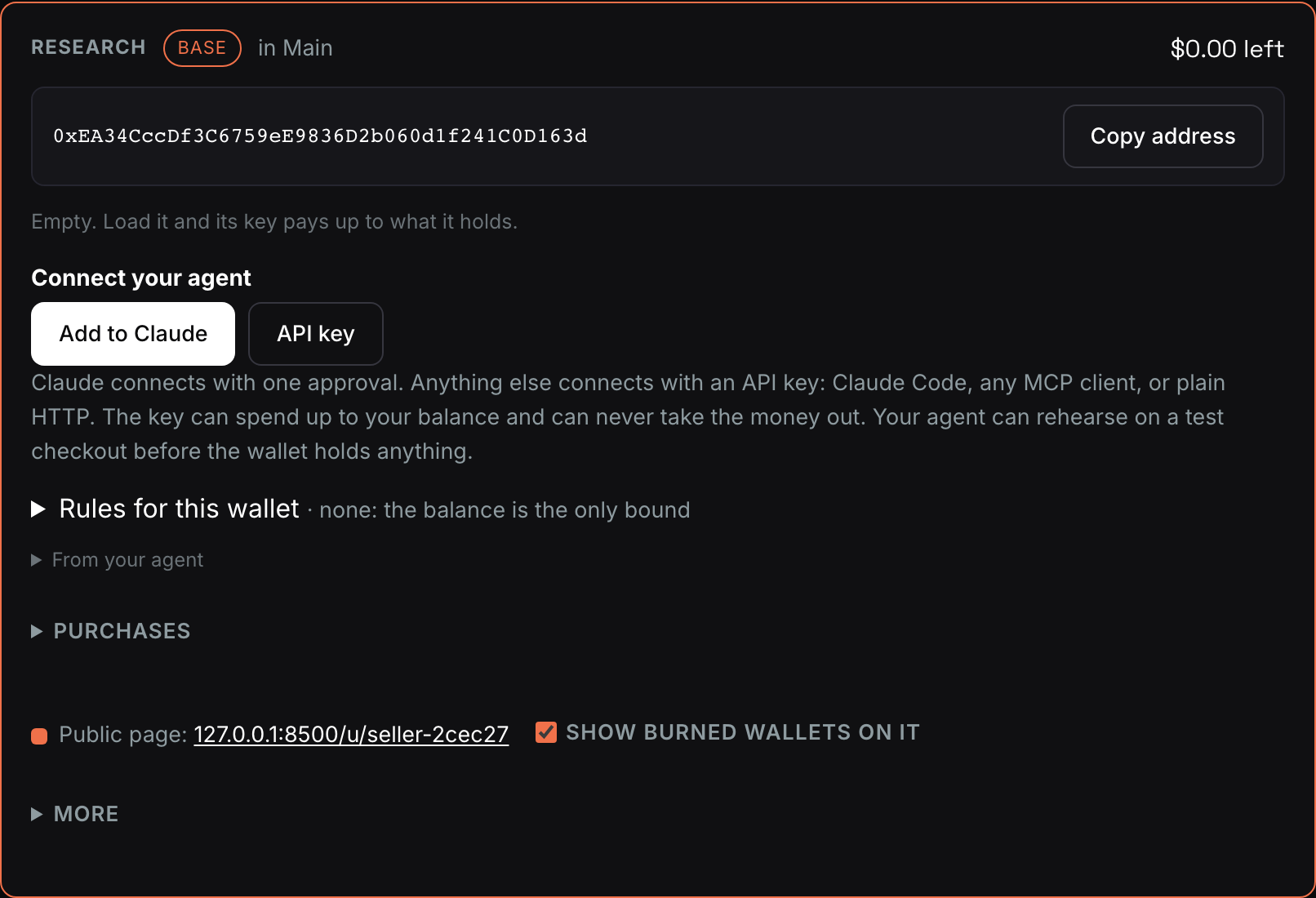 After opening: the wallet card with its address, the balance, the
wallet's key and the Connect your agent step