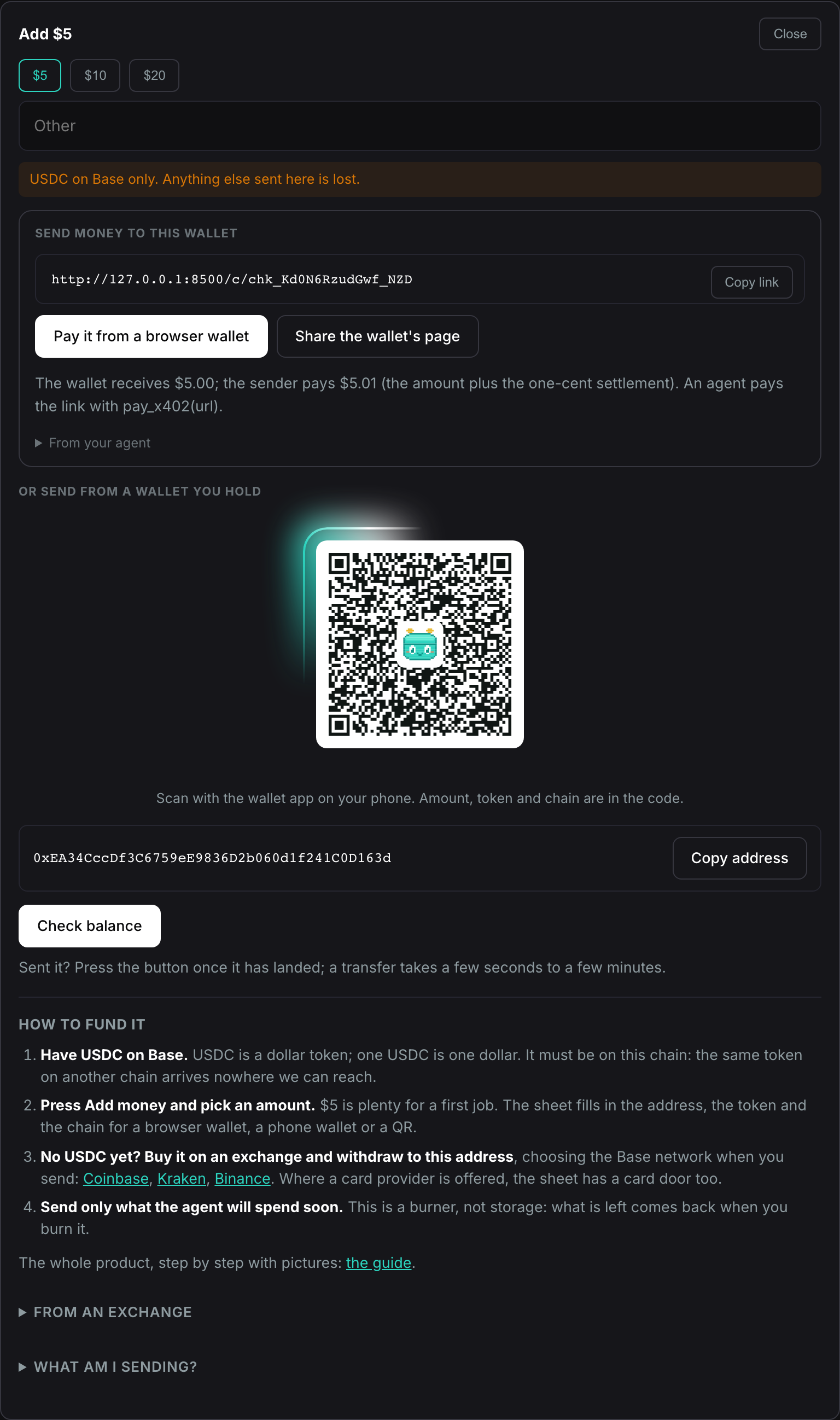 The Send money to sheet: amount chips, the pay link with its QR, the app
doors, the address with a Copy button and the Check balance
button