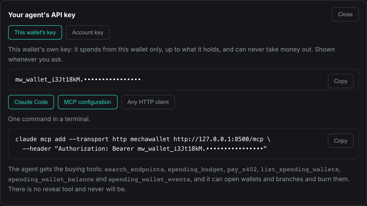 The same drawer on the MCP configuration tab: an mcpServers JSON block
with the URL and the header