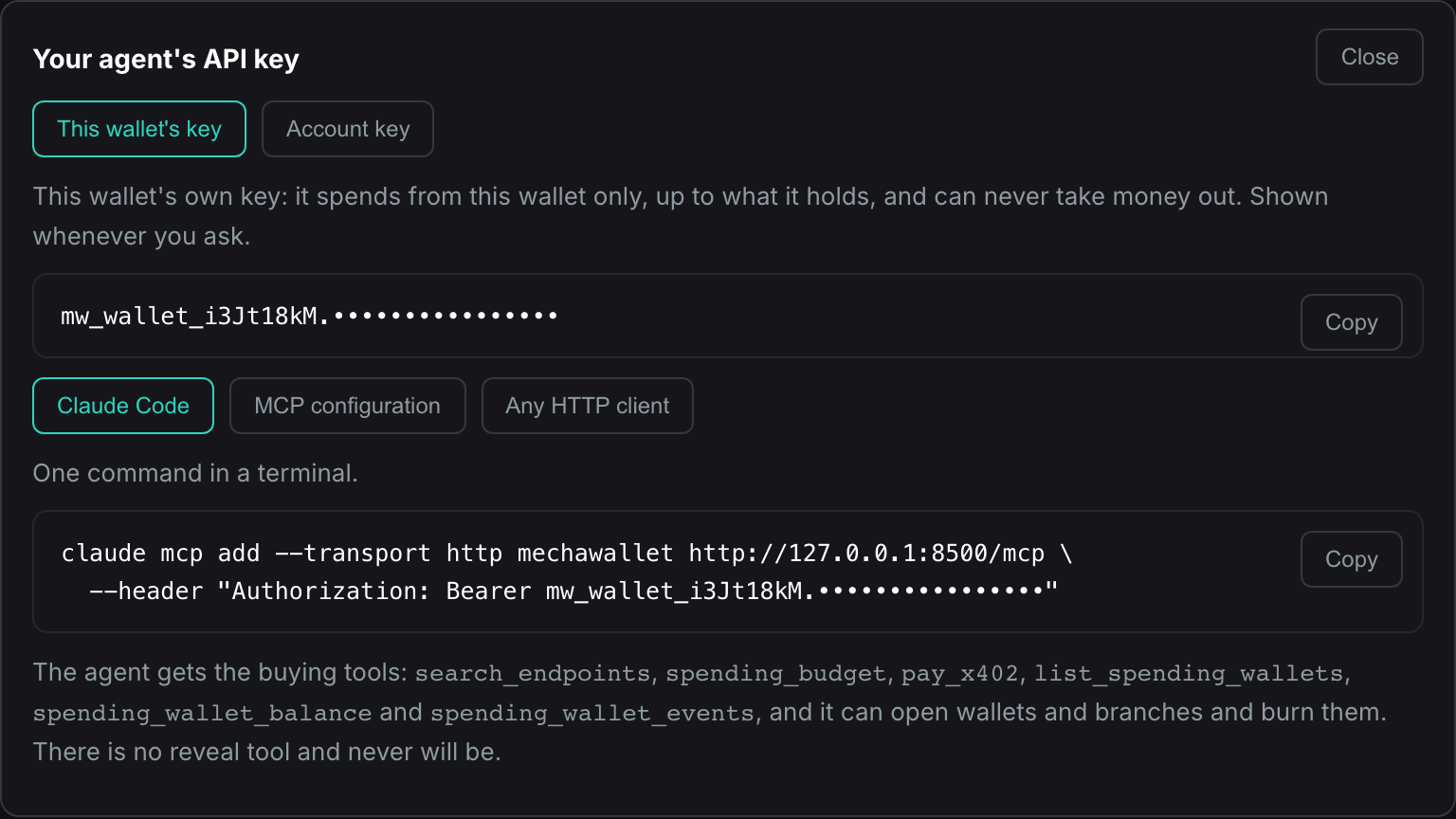 The connection drawer: the key, and the tabs Claude, Claude Code, MCP
configuration and HTTP