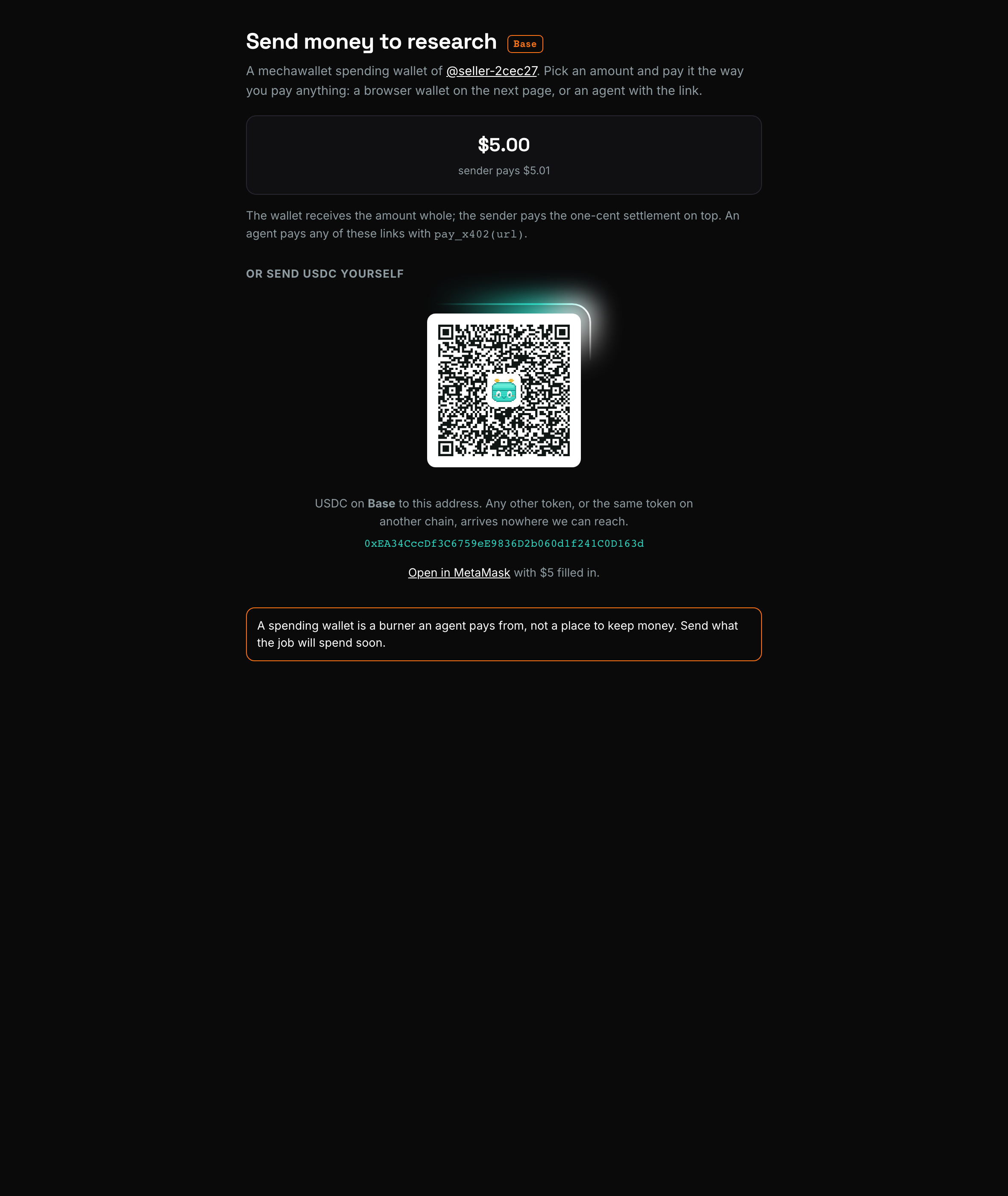 The public Send money to page for one wallet