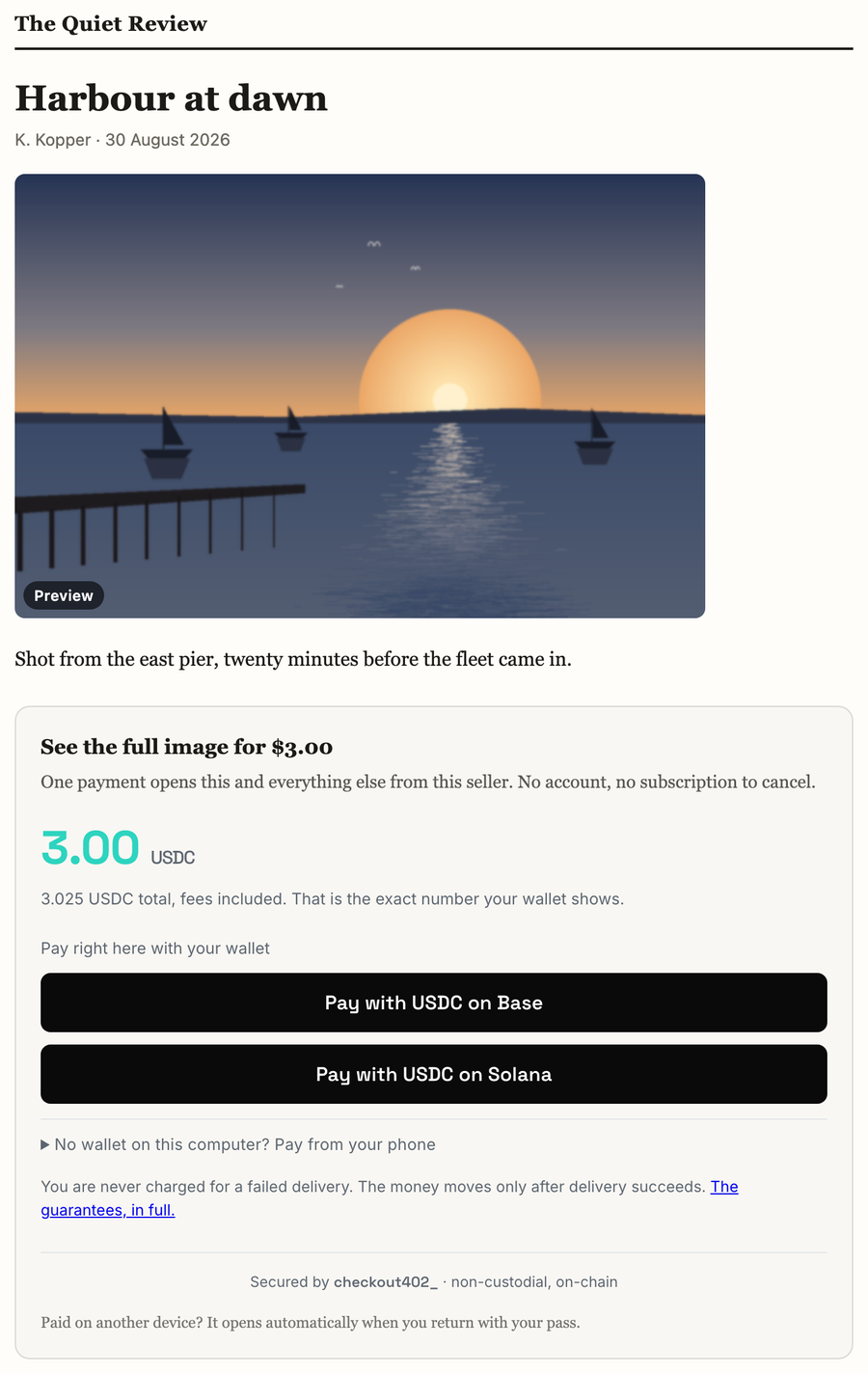A gated photograph on a publisher's page: the free preview marked Preview,
the caption, and under it the price and the wallet buttons, all drawn in the
site's own typography