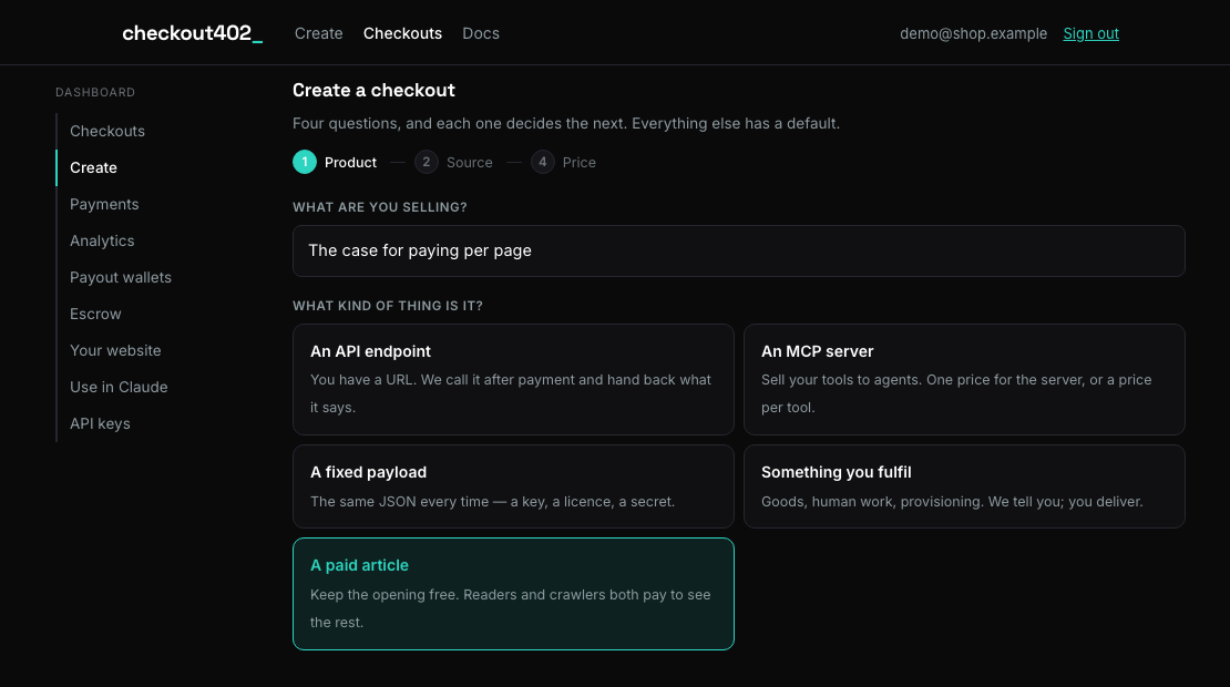 The create wizard with five product types; A paid article is
selected
