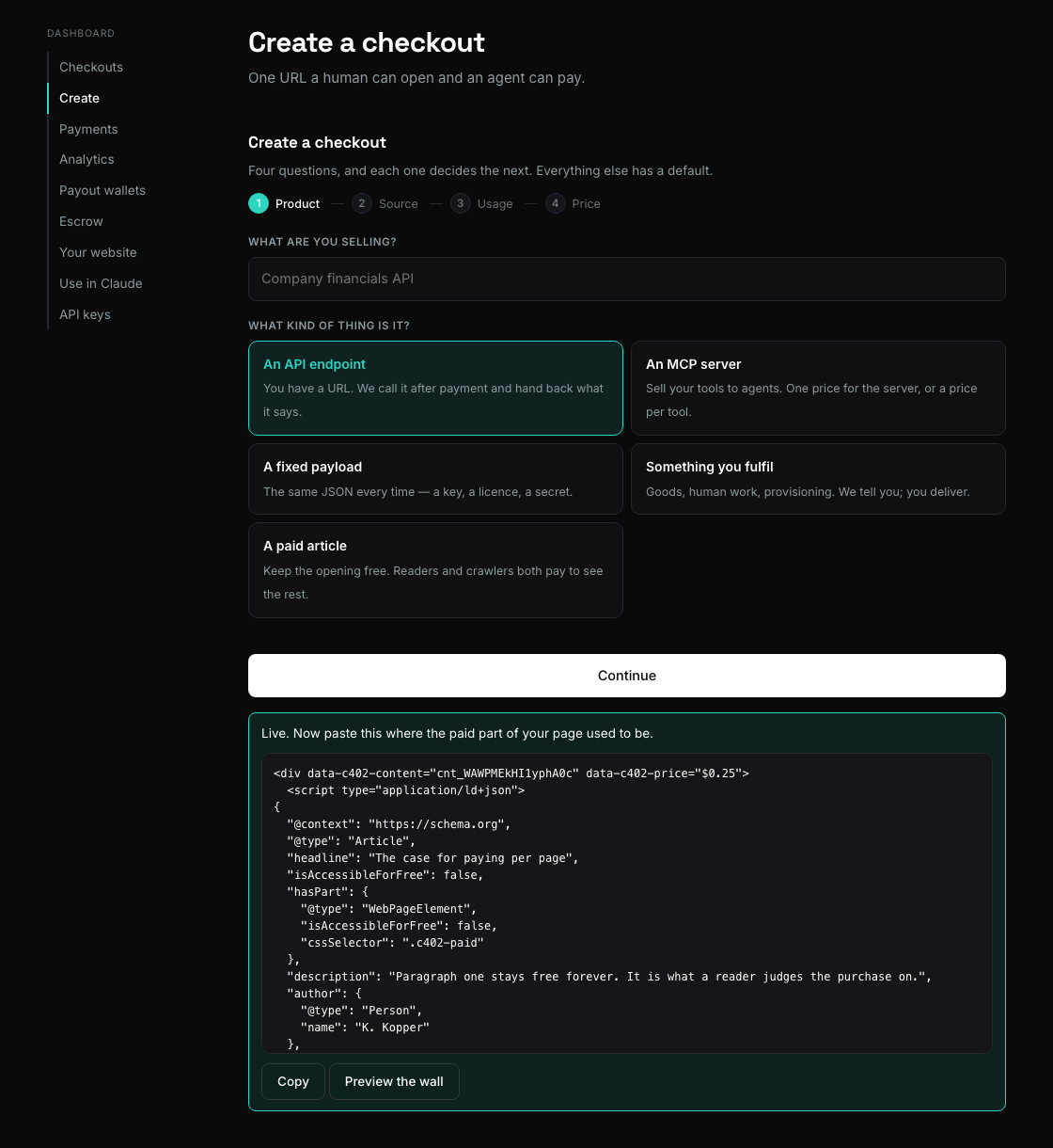 The success state showing the paste-ready snippet with a Copy
button