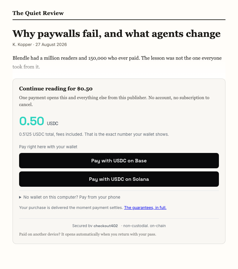 An article on a publisher's site: the free opening fades into a panel that
says Continue reading for $0.50, with the pay buttons inside
it
