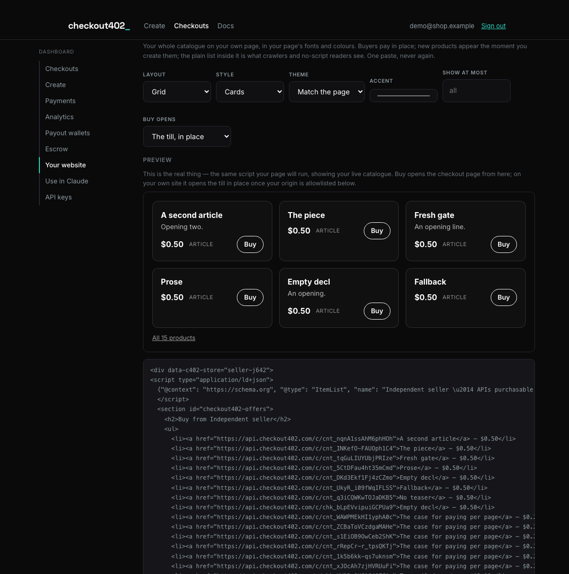 The dashboard configurator: layout, style, theme, accent and limit
controls above a live preview of the seller's real catalogue, with the
snippet below