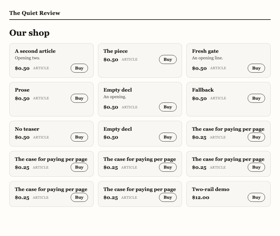 A publisher's shop page: the storefront grid rendered in the site's own
serif and colours, article tags and Buy buttons on every
card