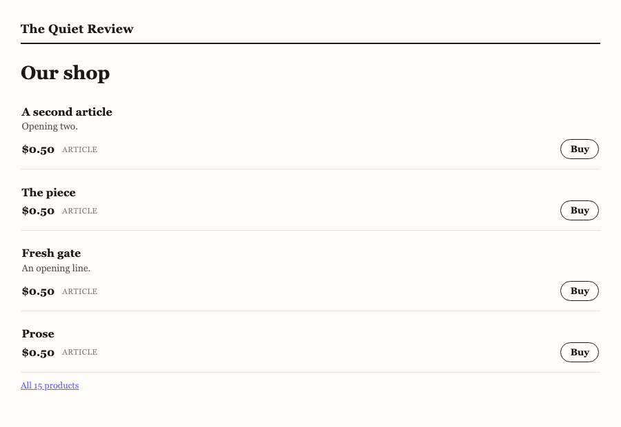 The flat rows variant: four products as ruled rows with an All 15 products
link