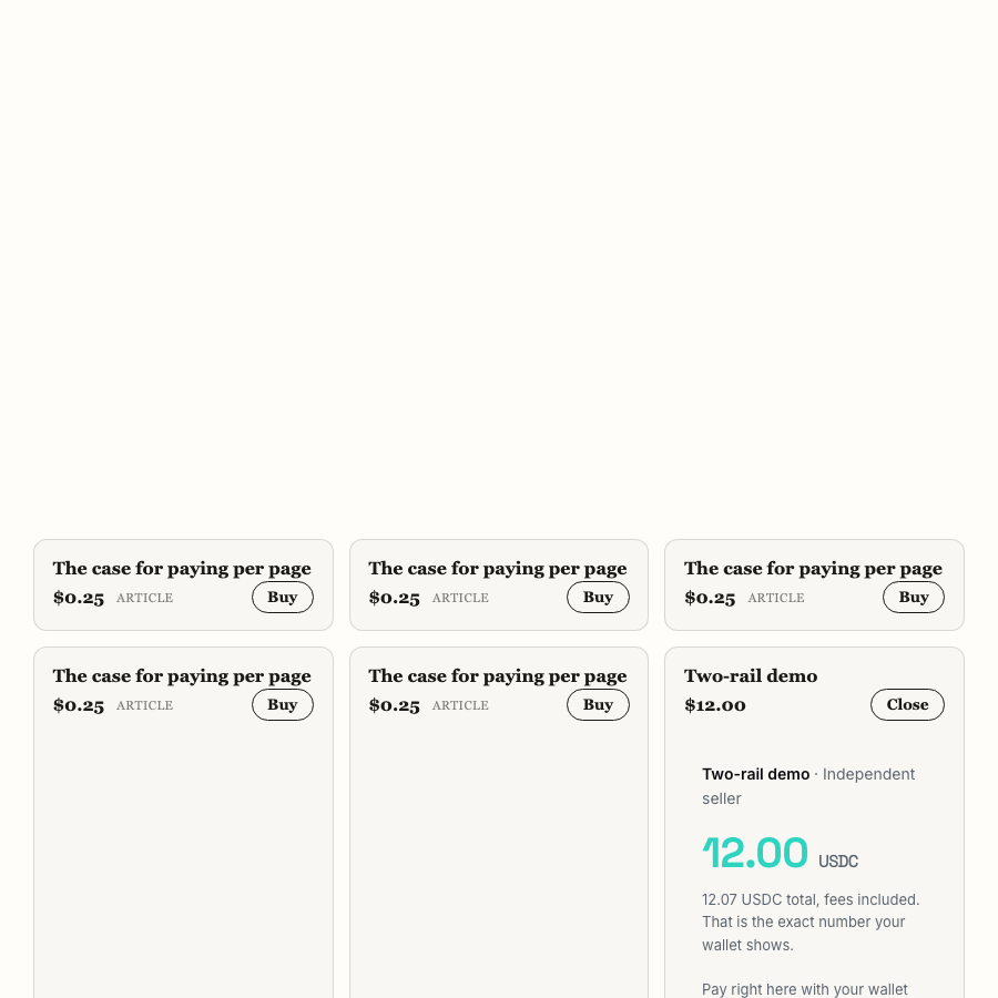 One storefront item expanded into a live checkout till, in
place